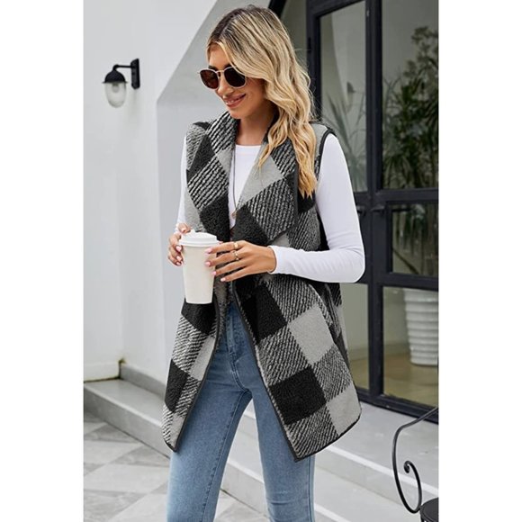 Gray Plaid Print Faux Fur Furry Open Front Sleeveless Vest Cardigan Sweater - Picture 2 of 6